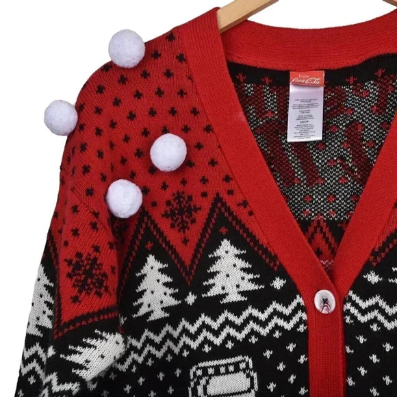 Coca Cola Ugly Christmas Cardigan Sweater Coke Polar Bears Red Black Size Small - Picture 5 of 11